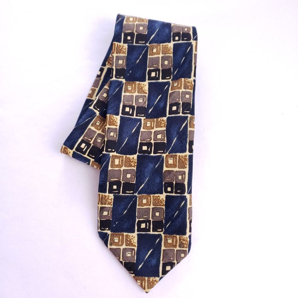 Marks & Spencer Polyester Tie Blue Brown Checkerboard Made in UK Vintage Mens